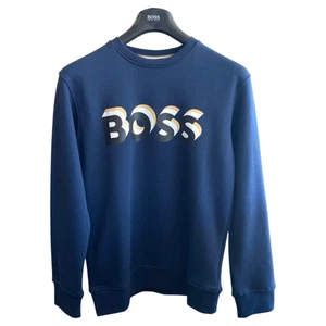 New BOSS Hugo Boss Blue Crewneck Sweatshirt Jumper w/ 3D Logo Sz M - Picture 1 of 9
