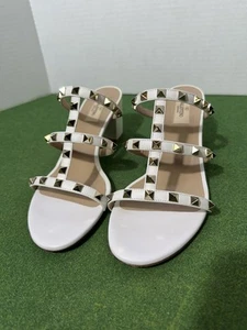 Valentino Garavani 60mm Rockstud Ivory Leather Gold Studs Slide Sandals Sz 40.5 - Picture 1 of 14