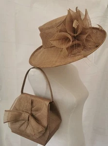 Jane Anne Designs Hut & passende Tasche dunkelbeige hell Kaffee Schleifen Band Hochzeit - Bild 1 von 23