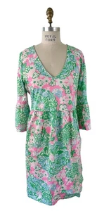 Abito Lilly Pulitzer Jannie scollo a V manica 3/4 multi pennacchi in fiore taglia L - Foto 1 di 8