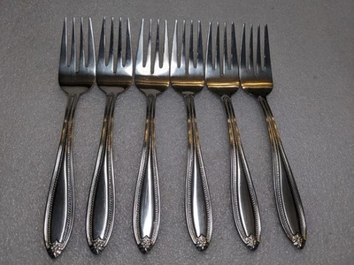 Salad Forks Beaded With Flower Pfaltzgraff PFF92 Stainless Flatware 6 Pc - Image 1 of 4