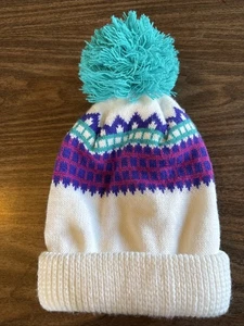Wigwam Acrylic Winter Ski Hat Beanie Pom Pom White Teal Purple Pink Vintage? USA - Picture 1 of 6