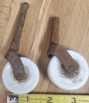 2 Vintage White Porcelain Caster Wheels 1 1/2" Diameter - Image 1 of 4