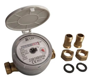 CONTATORE ACQUA FREDDA DN15 (1/2 ) CORPO IN OTTONE COMPLETO di RACCORDI E - Foto 1 di 12