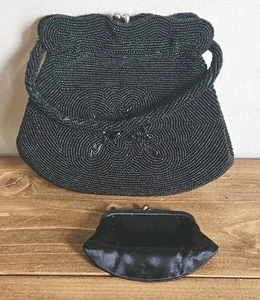 Vintage Beaded Evening Purse Bag Black Bead & Coin Purse Gold Metal Frame - Picture 1 of 15