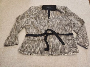 Ann Taylor Factory Jacket Womens XL Black White Tweed Fringe Belted Open Front - Picture 1 of 19