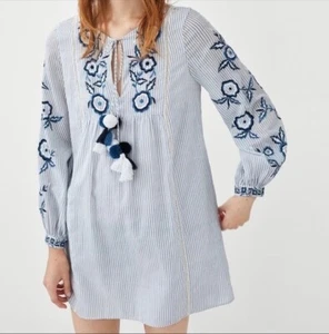 ZARA Tunic Top Medium Blue Striped Cotton Tassel Embroidered Kaftan BNWT - Picture 1 of 19