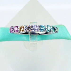 Rainbow Genuine Moissanite Pink Yellow White Blue Green  Band Ring - Picture 1 of 9