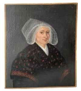 19th ANTIQUE FRENCH OIL 1850 -  PORTRAIT OF A BRETON LADY WITH A LACE HEADDRESS - Picture 1 of 16