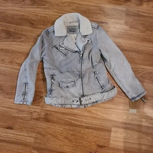 Levis Sherpa Fleece Moto Jacket Acid Wash Grey Motorcycle Retro Women’s Medium - Picture 1 of 8
