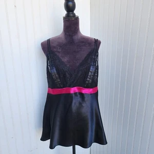 Cacique Black & Pink Lace Mesh Sheer Babydoll Teddy Nightie Satin Sz 14/ 16 - Picture 1 of 13