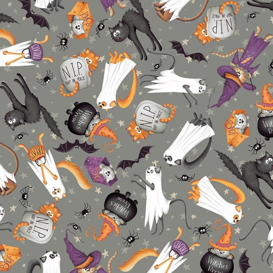 Tela Feline Drive Gatos asustados truco o trato gris Halloween vendido por yarda Foto 1 de 1