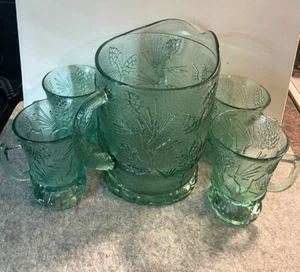 Indiana Glass Green Ponderosa Pine 6.5" Pitcher and 4 - 4.5" Handled Glasses   # - Picture 1 of 5