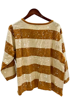 Isaac Mizrahi Live! Suéter para mujer con lentejuelas de rugby a rayas manga 3/4 dorado Foto 1 de 2