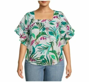 NWT Terra & Sky 3X 24W-26W Square Neck Floral Short Sleeve Plus Peasant Top - Picture 1 of 6