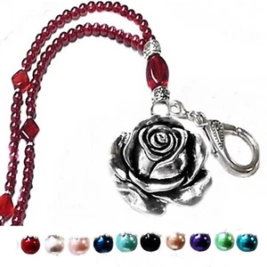 Lanyard beaded necklace, security badge holder, color choice, pearls and rose - Imagen 1 de 14