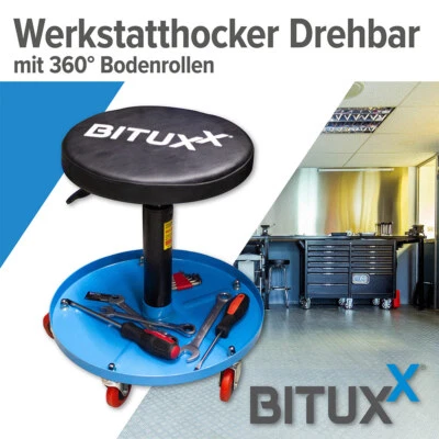 Rollhocker Werkstattstuhl Werkstattsitz Verstellbar mit Rollen Ablage Bituxx® - Bild 1 von 4