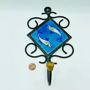 Vintage Pisces Tile Wrought Iron Coat Rack Bohemian Chic Cottage Core Beach - Picture 1 of 6