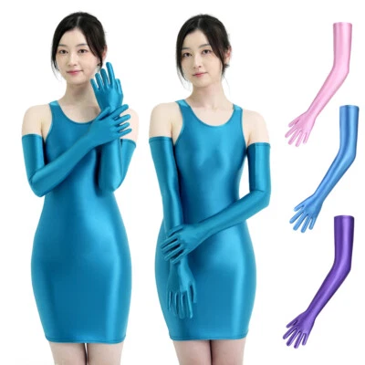 Guanti lunghi donna MJINM lucidi raso liscio festa yoga elasticizzati ciclismo clubwear - Immagine 1 di 4