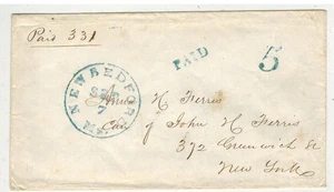 1850s STAMPLESS MASSACHUSETTS NEW BEDFORD MS BLUE PAID 5 - Picture 1 of 1