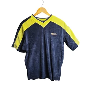 Vintage Y2K VELOUR SPORT T-shirt Navy Yellow Panel Retro Size L - Picture 1 of 2