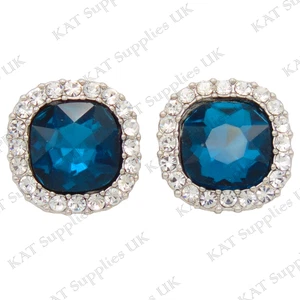 Clip On Earrings Blue Round Crystal Silver Rhinestone Fake Studs Non Pierced Ear - Picture 1 of 12