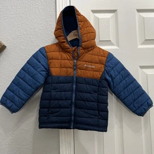 Columbia Boys toddlerPowder Lite Puffer Jacket 4T Blue Orange Omni Heat Hood Zip - Picture 1 of 7