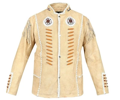 Western Suede Leather Jacket Mens Native American Beads & Fringe Cowboy Jacket - Image 1 of 4