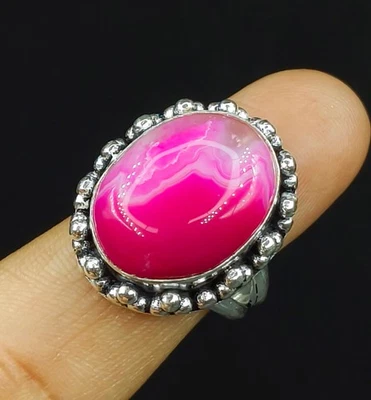 Anillo de ágata de encaje rosa natural de plata de ley 925 joyería elegante para regalo Foto 1 de 4