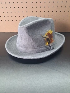 Fedora Grey Wool Felt Feather Ribbon Band USA Made Mens Hat Size L - Picture 1 of 7