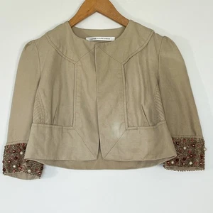 Diane von Furstenberg Remo Beaded Embellished Linen Cropped Jacket Stone Khaki - Picture 1 of 15