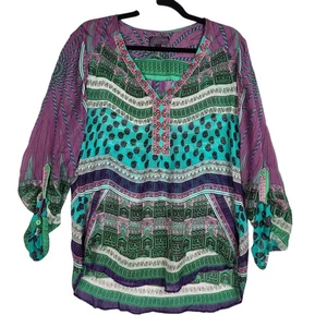 Hale Bob 100% Silk Blouse Women's Large Multicolor Roll Tab Sleeve Boho Hippie - Picture 1 of 9