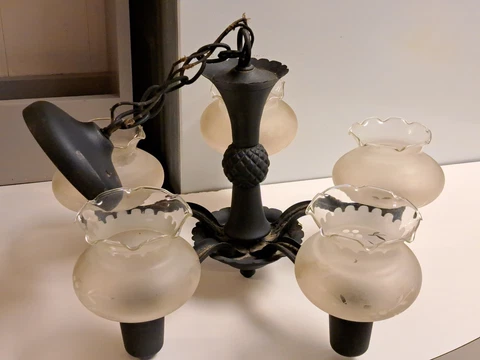 Vintage Mid Century Metal 5 Arm Chandelier w Ruffled Frosted Glass Shades *READ* Cover