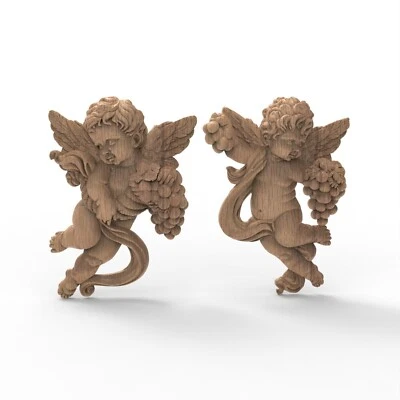 Wood Carved Angels Decor Wood Cherubs Figure Wall Mount Furniture Applique Decor Foto 1 de 4