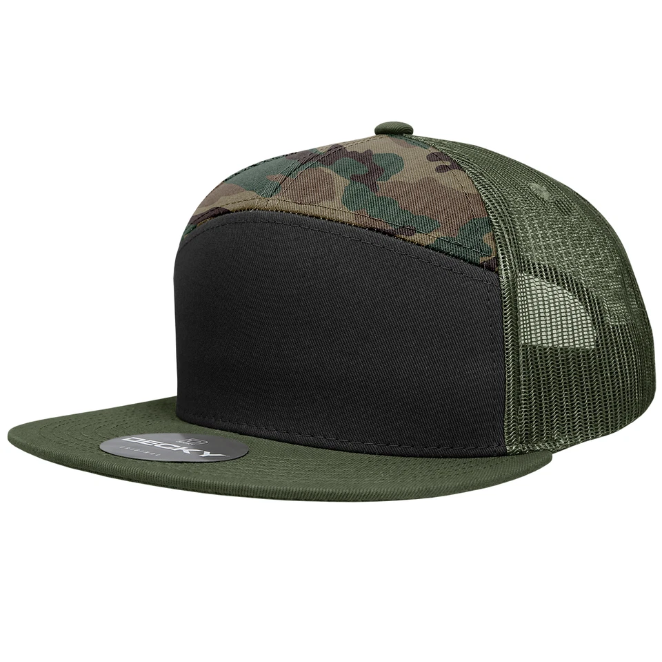 Decky Trucker Hat - Black Camo & Olive 7 Panel Cotton Snapback 1133-BLKWDLOLV - Image 1 of 1