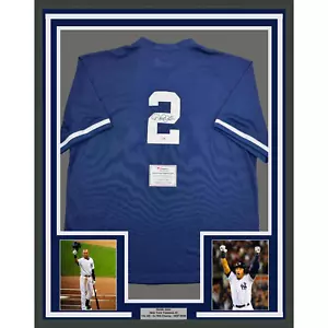 Framed Autographed/Signed Derek Jeter 35x39 Yankees Blue M&N Jersey Fanatics COA - Picture 1 of 2