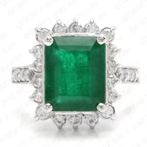 7.00ct Emerald Cut Natural Emerald & Diamond Wedding Ring 18K White Gold Plated - Picture 1 of 16