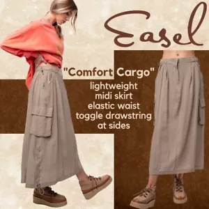 EASEL Khaki Crepe Cargo Skirt 5 Pockets Toggle Waistband & Sides - Picture 1 of 15