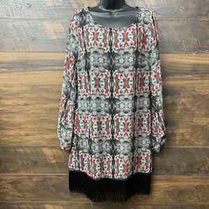 Buddy Love Shift Dress Large Tassel Fringe Hem Balloon Long Sleeve Boho Kelly - Picture 1 of 20