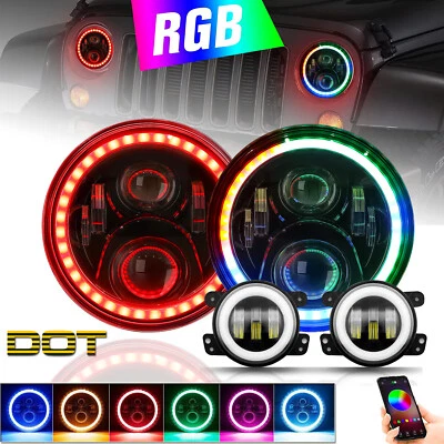 Faro LED de 7"" + luces antiniebla de 4"" con anillo halo RGB para Wrangler 1997-2017 JK TJ Foto 1 de 4