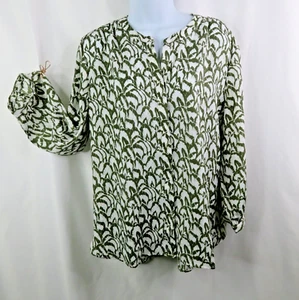 Jachs Girlfriend Blouse Size L Green White Dressy Shirt Button Up V-Neck - Picture 1 of 11