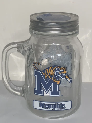 MEMPHIS TIGERS GLASS MASON JAR NCAA NEW WITH TAGS INCLUDES LID Cover