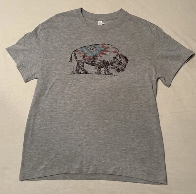 Buffalo Bison Western Aztec Indian Retro T-Shirt Gray Men’s Size Large - Immagine 1 di 4