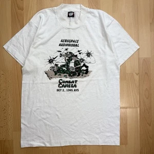 Vintage 90s Single Stitch Graphic White Military T-Shirt - Combat Camera - Picture 1 of 6