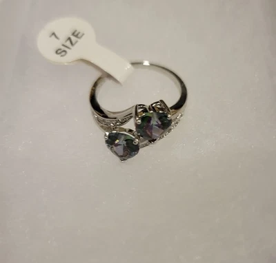 Double Heart Shaped Rainbow Topaz CZ Filled 2-Stones Ring Silver Plated Size 7  - Image 1 of 4