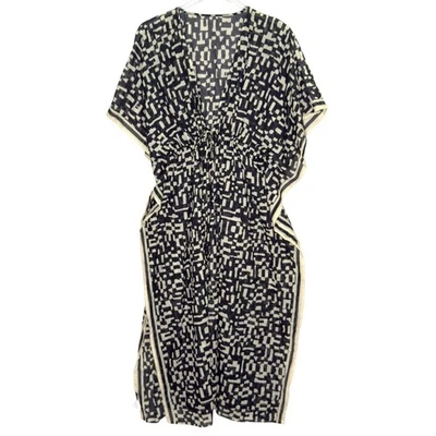 Banana Republic OS Long Kaftan Swim Coverup Black Beige Drawstring Waist - Image 1 of 4