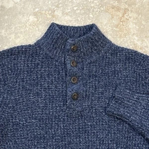 Maglione Faherty uomo blu medio melange waffle maglia lana cashmere bottoni 1/4 - Foto 1 di 10