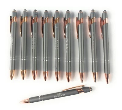 ALPHA METAL 10ct Lot Misprint Metal Retractable Softex Stylus Pens: SILVER/GRAY w/Rose Gold