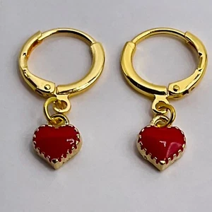 Heart Earrings Hoop Huggie Enamel Charm 18k Yellow Gold Plated Gift Jewelry - Picture 1 of 6