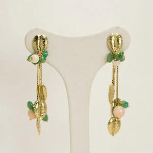 Pendientes de Oro Amarillo 18KT con Hojas Y Coral Rosa Y Esmeraldas Oght - Imagen 1 de 3